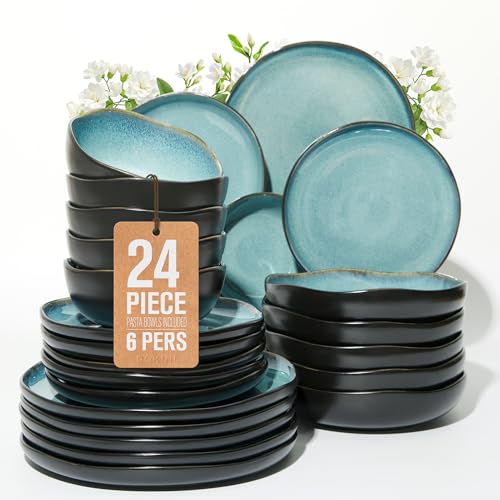 Pokini Stoneware Dinnerware Sets for 6, 24Pcs Ceramic Plates and Bowls Sets - color: Green Black, size: Set (24pcs-6)