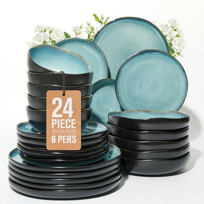 Pokini Stoneware Dinnerware Sets for 6, 24Pcs Ceramic Plates and Bowls Sets - color: Green Black, size: Set (24pcs-6)
