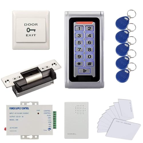 Waterproof Metal RFID PIN Code Door Security Access Control System ANSI Standard North American Heavy Duty Electric Strike Lock,110V-240V Power Supply Unit,Exit Button,Cards/Key Fobs - style: Strike Lock