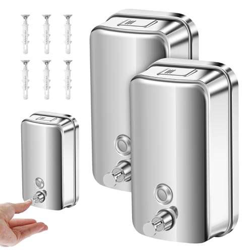 2 Pack Commercial Soap Dispenser Wall Mount, 1000ml/35 fl oz Stainless Steel Wall Mount Pump Soap Dispenser, Rust-Proof Anti-Leak Manual Hand Soap Dispenser for Home Bathroom Kitchen Hotel Restaurant