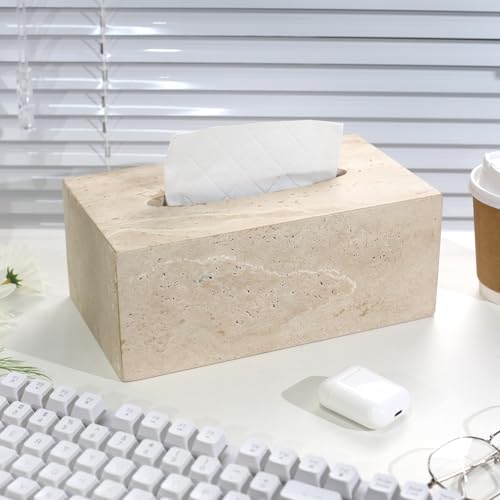 DUANYAN Italian Travertine Tissue Box Cover, Rectangular, Natural Stone - color: Beige