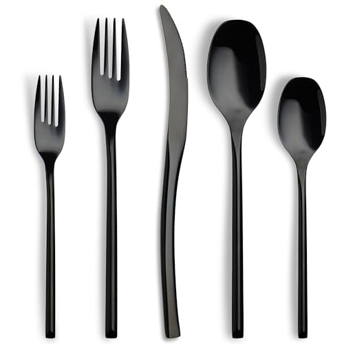 Lemeya 40-Piece Black Silverware Set for 8,Modern 18/10 Stainless Steel Flatware Set,Luxury Cutlery Set,Unique Utensils Set for Restaurant,Spoons and Forks Set,Mirror Polished,Dishwasher Safe - color: Black, size: 40 Pieces Set