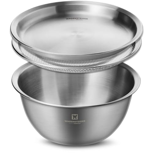 WAGENSTEIGER 3-Piece Stainless Steel Mixing Bowl Set with Strainer & Oil Drain Tray – Nesting Prep & Baking Bowls with Measurement Marks (9.45 in) - size: 9.45 in