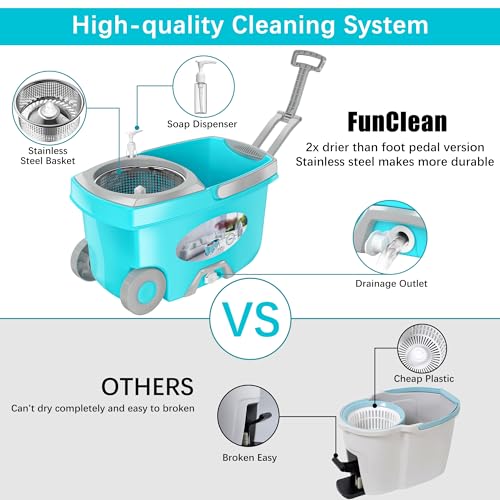 FunClean Large Spin Mop Bucket Set with Wringer, 2 Gal Capacity, Blue - size: Large - 6 Mop Heads - Blue