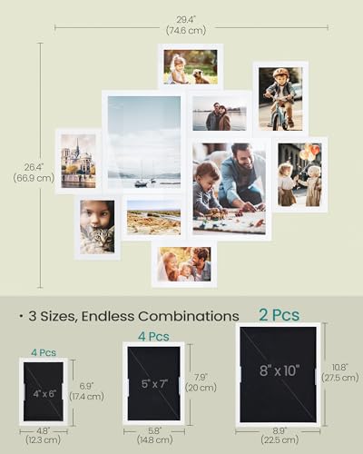 SONGMICS 10 Tool-Free Assembly Collage Photo Frames for Wall - color: Cloud White, size: 8*10 2 pack+ 5*7 4 pack + 4*6 4 pack