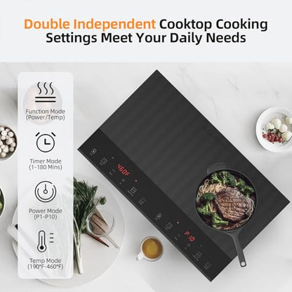 Double Induction Cooktop, Nuopuplai Induction Cooker 2 Countertop Burners, Independent Control With 1800W Sensor Touch,10 Temperature & Power Levels,3-hour Timer,Safety Lock For Cooking
