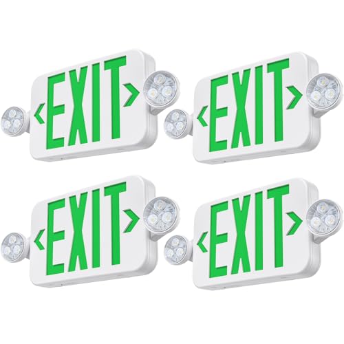 Emergency Exit Sign Lights Combo With Battery Backup, Double Sided Hardwired 6 LEDs, Adjustable Heads Green Lighting Ceiling/Wall Mount, UL Listed, AC 120/277V (4 Pack) - color: Green, size: 4 Pack