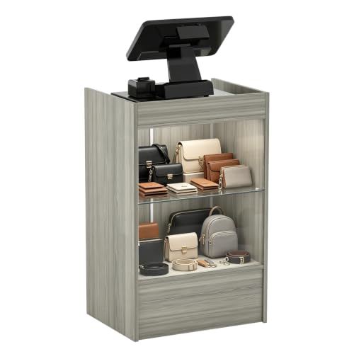 24" W x 18" D x 38" H - Gray Retail Cash Register Stand Cash Wrap Checkout Desk Portable Counter Podium Stand with Glass Shelving Case for Retail Store, Meetings Reception - color: Gray