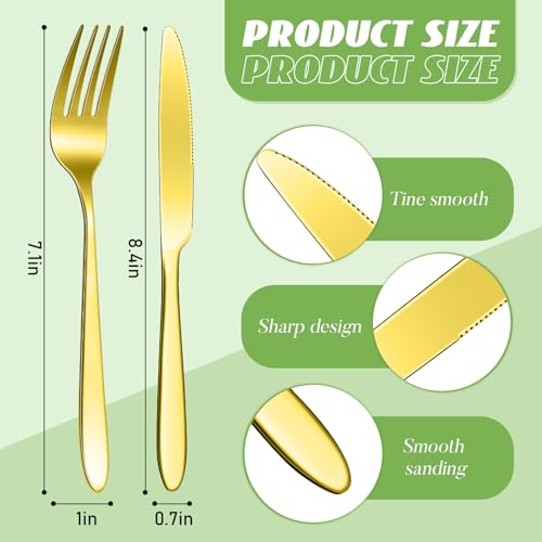 Nuenen 100 Pcs Gold Forks and Knives Stainless Steel Dinner Flatware Set - color: Gold, size: 8.4 Inches, 7.1 Inches