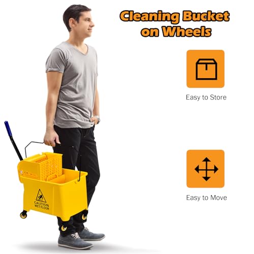 ARLIME Commercial Mop Bucket with Wringer, 21 Quart Capacity Portable Wringer Trolley, Side Press Floor Cleaning Wavebrake w/Handle, Small Mop Bucket on Wheels for Home, Industrial, Yellow
