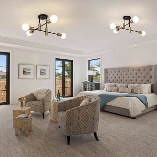 Garwarm 2 Pack 4-Light Industrial Semi Flush Mount Sputnik Ceiling Light Fixture, Black and Gold Modern Sputnik Chandelier for Porch Bedroom Hallway Kitchen Farmhouse - color: 2 Pack 4-Lights,Black & Gold