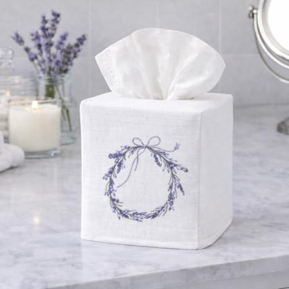 Jacaranda Living Square Tissue Box Cover, Linen/Cotton Fabric Tissue Holder, Decorative Cloth Tissue Cube Cover, Botanical Designs, Lavender Wreath - color: Lavender Wreath
