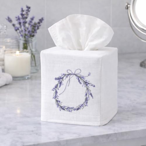 Jacaranda Living Square Tissue Box Cover, Linen/Cotton Fabric Tissue Holder, Decorative Cloth Tissue Cube Cover, Botanical Designs, Lavender Wreath - color: Lavender Wreath