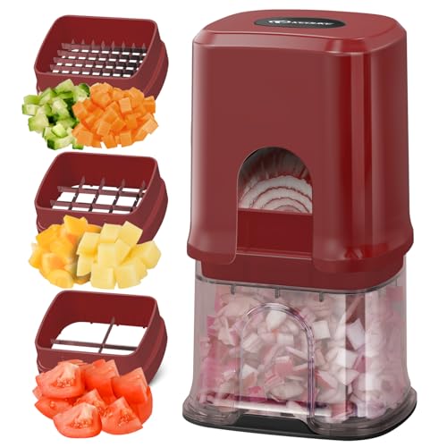 KEOUKE Multifunctional Vegetable Chopper Red - 3 Interchangeable Blades Potato French Fry Cutter with Container & Storage Box Food Chopper Dicer for Cucumber, Tomato, Carrot, Onion - color: Red, size: Cube
