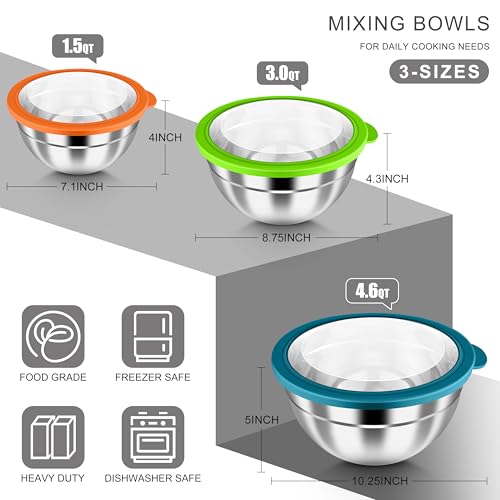 HaWare Mixing Bowls with Airtight Clear Lids, 6-Piece Stainless Steel Strong Nesting Bowls Set, Metal Salad Bowl for Cooking, Prepping, Baking, Serving & Food Storage, Size 4.6, 3, 1.5QT, Colorful - color: Colorful, size: Visible Airtight Lids