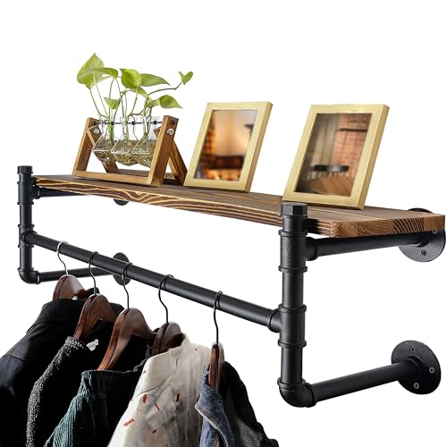 WEBI Wall Mounted Clothes Rack with Shelf,41.3" Long Industrial Pipe Clothing Rack with Shelves,Heavy Duty Iron Garment Rack Bar,Retail Display Clothes Rod for Clothes,Laundry Room,Black - color: Black, size: 41.3 Inch
