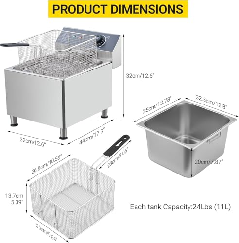 Electric Deep fryer 304 Stainless Steel with Basket & Lid, Capacity 22L/23.2QT Countertop Fryers, for Home Kitchen and Restaurant Use with Large Thick Frying Basket and Lid, 3400 W, 110V - size: 11L (304)