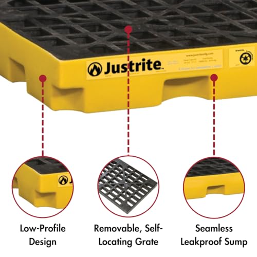 Justrite Low Profile 2 Drum Spill Containment Pallet Accumulation Center - 5.5" Tall - 24 Gal Capacity for 55 Gallon Drum Containment - Made in The USA from 30% Recycled Polyethylene - Yellow - 28654 - color: Yellow, style: 2 Drum