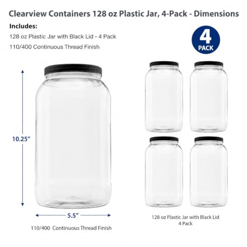 4 Pack - 128 oz (1 Gallon) Plastic Storage Jars with 110-400 Leak Proof Black Lids, Food Grade, BPA Free, Hand Wash Only (128oz, BLK, 4PK) - size: 4pk - 128oz, Black Lid