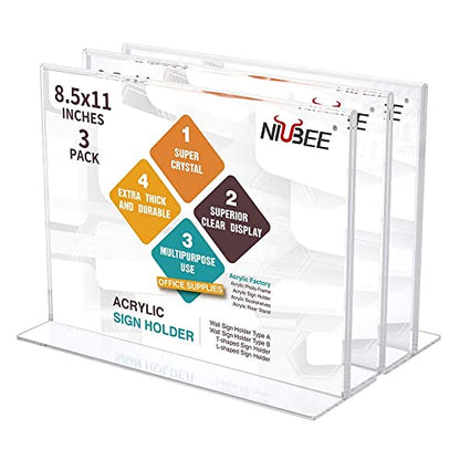 NIUBEE Acrylic Sign Holder 8.5 x 11 Horizontal T-Shape Flyer Stand 3 Pack - size: 8.5 x 11 Inches Horizontal