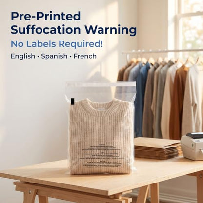 12” X 18” (200 Count) Self Seal Clear Poly Bags with Suffocation Warning - size: 12" X 18"
