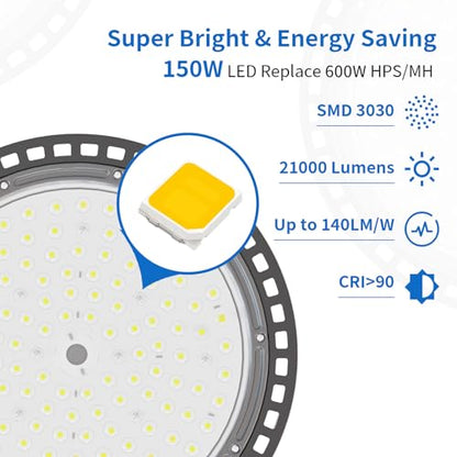 150W UFO High Bay LED Shop Lights, 6 Pack, 21000 LM, 5000K, AC110-277V