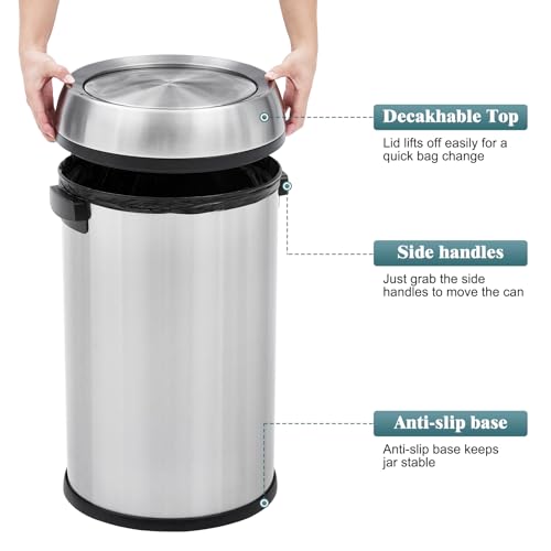 Garvee 17 gal Trash Can, Fingerprint-Proof Stainless Steel Swing Top Garbage Can, Heavy Duty Commercial Round Trash Bin with Swing Lid for Restaurant, Home, Office, Silver - color: Silver, size: 17 Gallon Swing Top