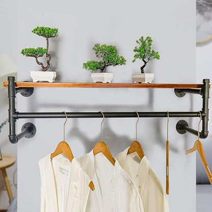 WEBI Wall Mounted Clothes Rack with Shelf,41.3" Long Industrial Pipe Clothing Rack with Shelves,Heavy Duty Iron Garment Rack Bar,Retail Display Clothes Rod for Clothes,Laundry Room,Black - color: Black, size: 41.3 Inch