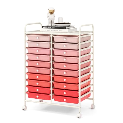 RELAX4LIFE 20 Drawer Rolling Storage Cart, Mobile Rolling Cart w/Drawers for School Classroom Teacher Office Home Salon, Paper File Art Supply Craft Organizer, Utility Cart on Wheels (Gradient Pink) - color: Gradient Pink, size: 35''