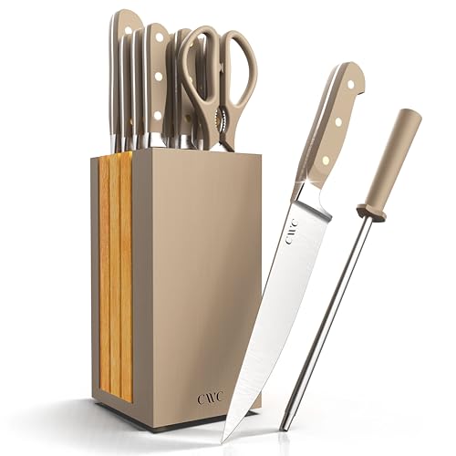 COOK WITH COLOR 14 Pieces Kitchen Knife Block Set, Knives for Kitchen, Forged Cutlery with Razor-Sharp High Carbon Steel Blades, Magnetic Block - color: Brown