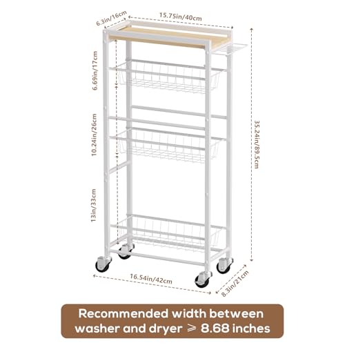 4 Tier Slim Rolling Storage Cart with Pull-Out Baskets, Narrow Sliding Storage Slim Laundry Cart Slim Rolling Kitchen Cart - color: White
