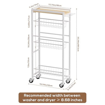 4 Tier Slim Rolling Storage Cart with Pull-Out Baskets, Narrow Sliding Storage Slim Laundry Cart Slim Rolling Kitchen Cart - color: White