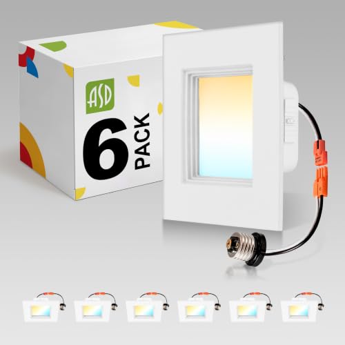 ASD LED Retrofit 4 Inch Recessed Lights - Square 9W 709LM 2700-5000K Recessed Lighting 4 Inch, Wet Rated Dimmable Can Lights, Baffle Trim Wafer Lights, UL 6 Pack - color: White, size: 6 Pack