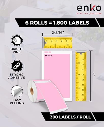 enKo 30256 6 Rolls | 1800 Pink Direct Thermal Labels (2-5/16 x 4 in) - color: Pink