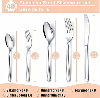 40-Piece Stainless Steel Flatware Set for 8, Mirror Polished Silverware Set, Includes Knives, Forks, Spoons, Dishwasher Safe, Cutlery for Home Kitchen and Restaurant