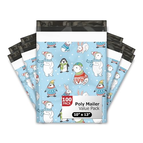 10x13 (100) Winter Animals Poly Mailers Christmas Designer Self Sealing Waterproof Tamperproof Shipping Envelopes Premium Printed Bags For Small Businesses - color: Winter Animals, size: 10x13