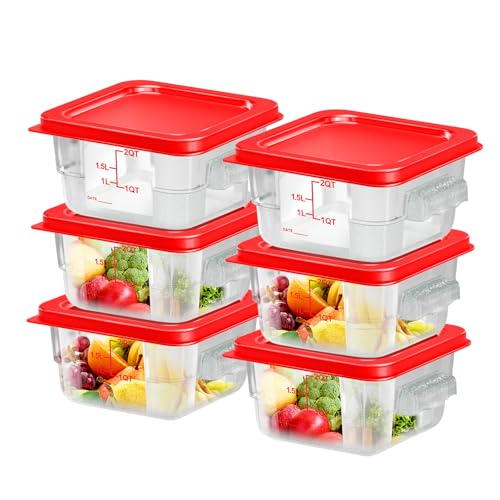 6 pcs 2qt Food Storage Containers with Lid, Square Clear Commercial Food Storage Containers with Handle and Scale for Food Storage in Home Kitchen & Dining (Red) - color: B1-2QT-6PCS-RED