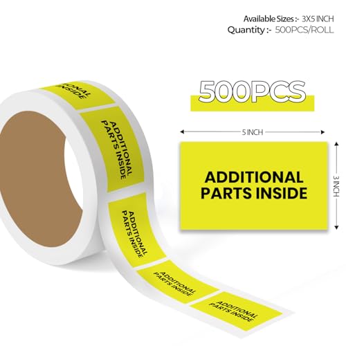 StickerJet Additional Parts Inside Labels 3"x5" – 500 Pcs Adhesive Roll for Shipping, Packing, Warehousing & Handling Instructions﻿– Easy Peel & Stick Warning Stickers – Made in USA - color: Additional Parts Inside Yellow