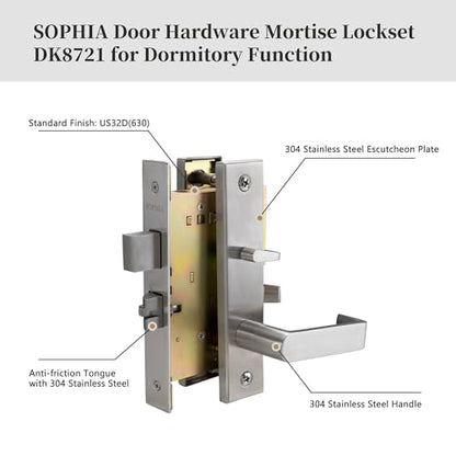 SOPHIA Commercial/Residential Heavy Duty Mortise Lockset Lock Non-Handed Grade 1 - Escutcheon Plate Keyed Lever Lockset, ADA, US32D Satin Chrome Finish for Dormitory Front Door