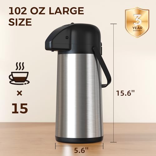 Coffee Carafe for Keeping Hot, 102OZ / 3L Airpot Coffee Dispenser with Pump - color: Stainless Steel, size: 102 Ounces