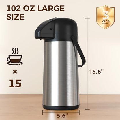 Coffee Carafe for Keeping Hot, 102OZ / 3L Airpot Coffee Dispenser with Pump - color: Stainless Steel, size: 102 Ounces