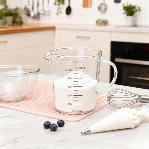 BCnmviku Glass Measuring Cups High Borosilicate 500ML 2CUPS [Insulated Handle | V-Shaped Spout]For Prepping Baking and Cooking Preheated Oven Dishwasher Freezer and Microwave Safe - size: 500ml