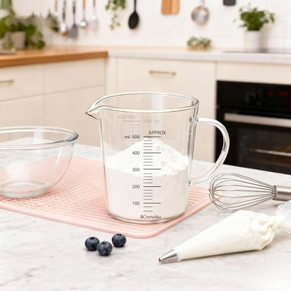 BCnmviku Glass Measuring Cups High Borosilicate 500ML 2CUPS [Insulated Handle | V-Shaped Spout]For Prepping Baking and Cooking Preheated Oven Dishwasher Freezer and Microwave Safe - size: 500ml