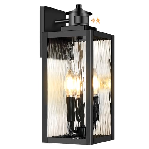 Large Motion Sensor Outdoor Wall Light, Black Exterior Wall Sconce Light Fixtures with Water-Rippled Glass, Waterproof Modern Outside Wall Lantern for House, Porch, Patio, Garage, Bulbs Not Included - color: Black, size: 15.5 Inch