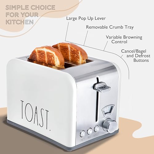 Rae Dunn Toaster, Stainless Steel 2 Slice Square Toaster, Wide Slot with 5 Browning Levels, with Bagel, Defrost and Cancel Options (White) - color: White