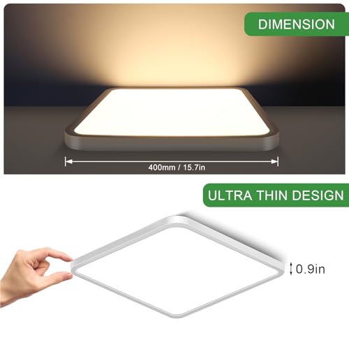 15.7Inch 32W Square LED Ceiling Light Fixtures Flush Mount, 2800K Warm White LED Ceiling Lamp, Surface Mount Modern Ceiling Lights, White Slim Flat Panel Lighting for Bedroom, Kitchen, Bathroom - color: Warm White, size: 15.7 inch White