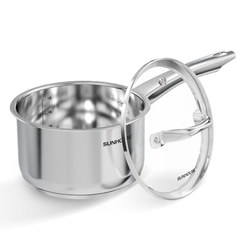 SUNHOUSE 2 QT Stainless Steel Sauce Pan with Lid, Small Pot for Cooking
