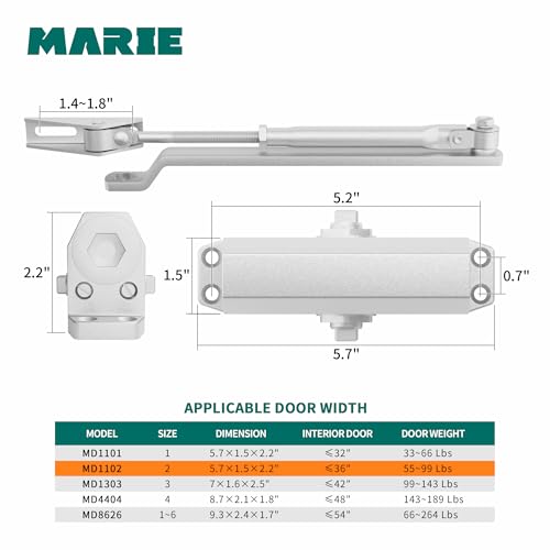 Marie Automatic Door Closer，Adjustable Closing Speed Door Closer for 55-100 lbs Residential and Commercial Light Doors，with Installation Video EN1154 Certification - color: Sliver, size: Size 2