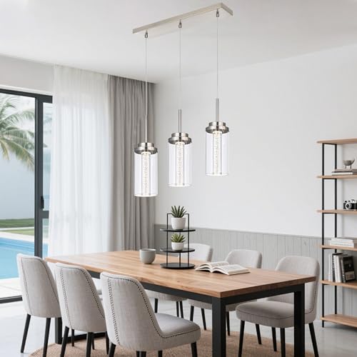 MELUCEE LED Linear Pendant Light Brushed Nickel 20.5IN with Clear Glass - color: Brushed Nickel, size: 3-Light-Rectangle