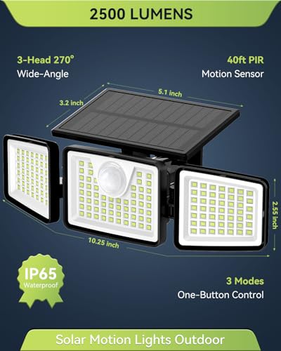 daphino 2500LM Solar Lights, Motion Sensor Outdoor Lights, 3-Head, 1 Pack - size: 3Head-Non-Remote-1 Pcs